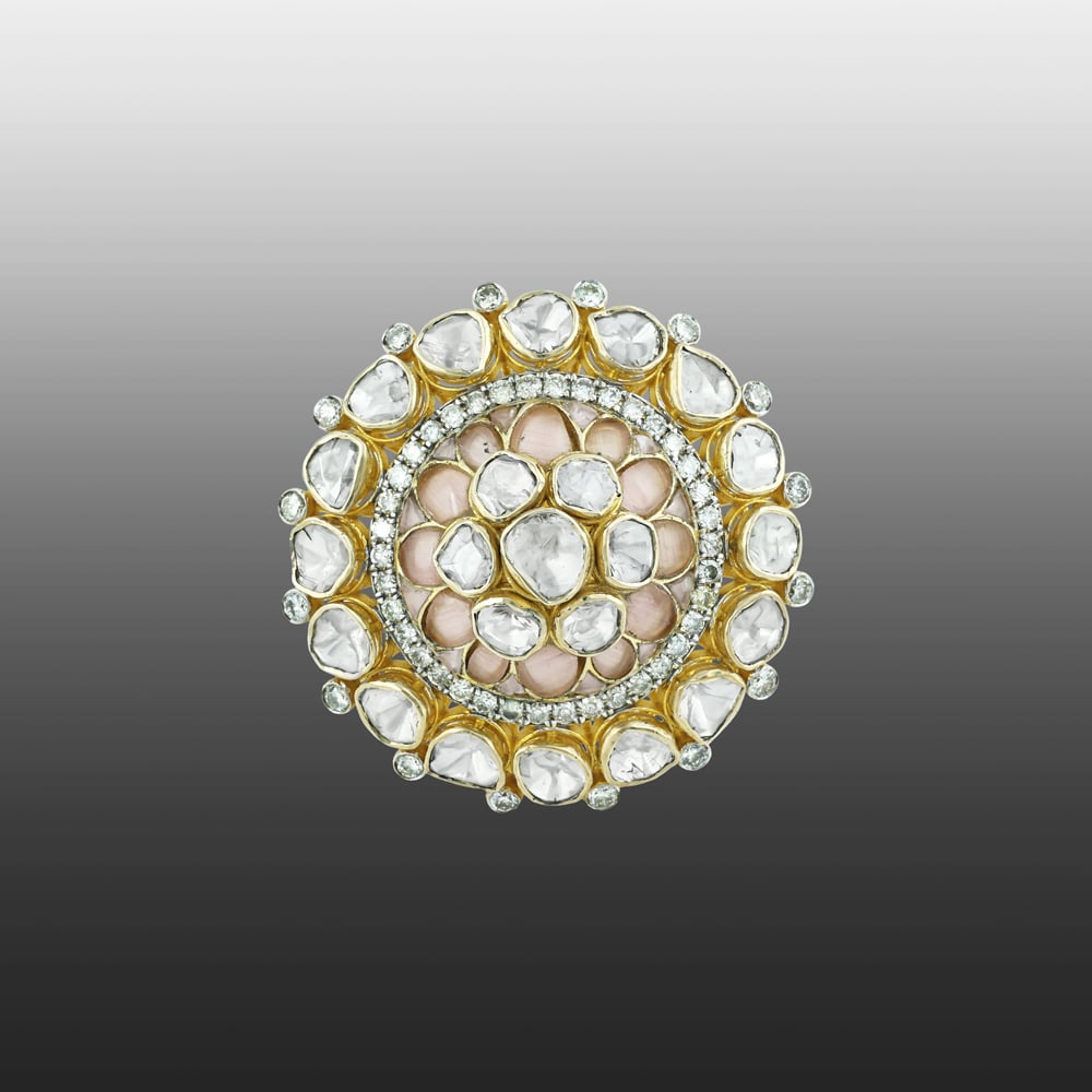 Floral Polki Ring with Pink Morganite Talaf and Diamond Halo